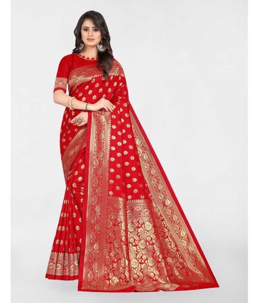     			Samah Art Silk Woven Saree With Blouse Piece - Red ( Pack of 1 )