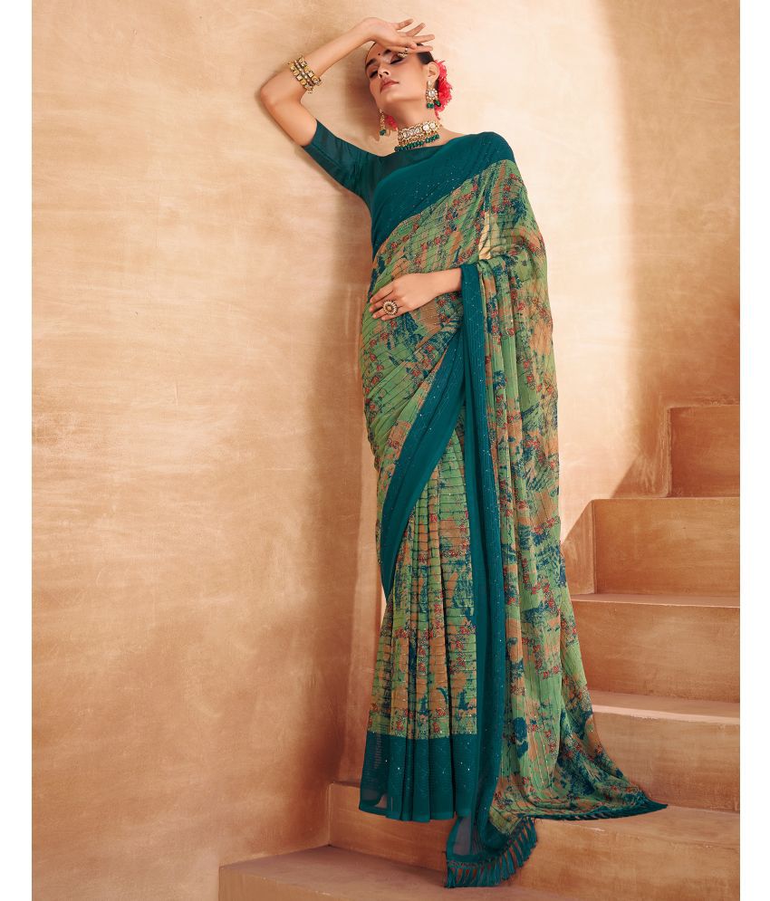     			Samah Georgette Embellished Saree With Blouse Piece - Teal ( Pack of 1 )