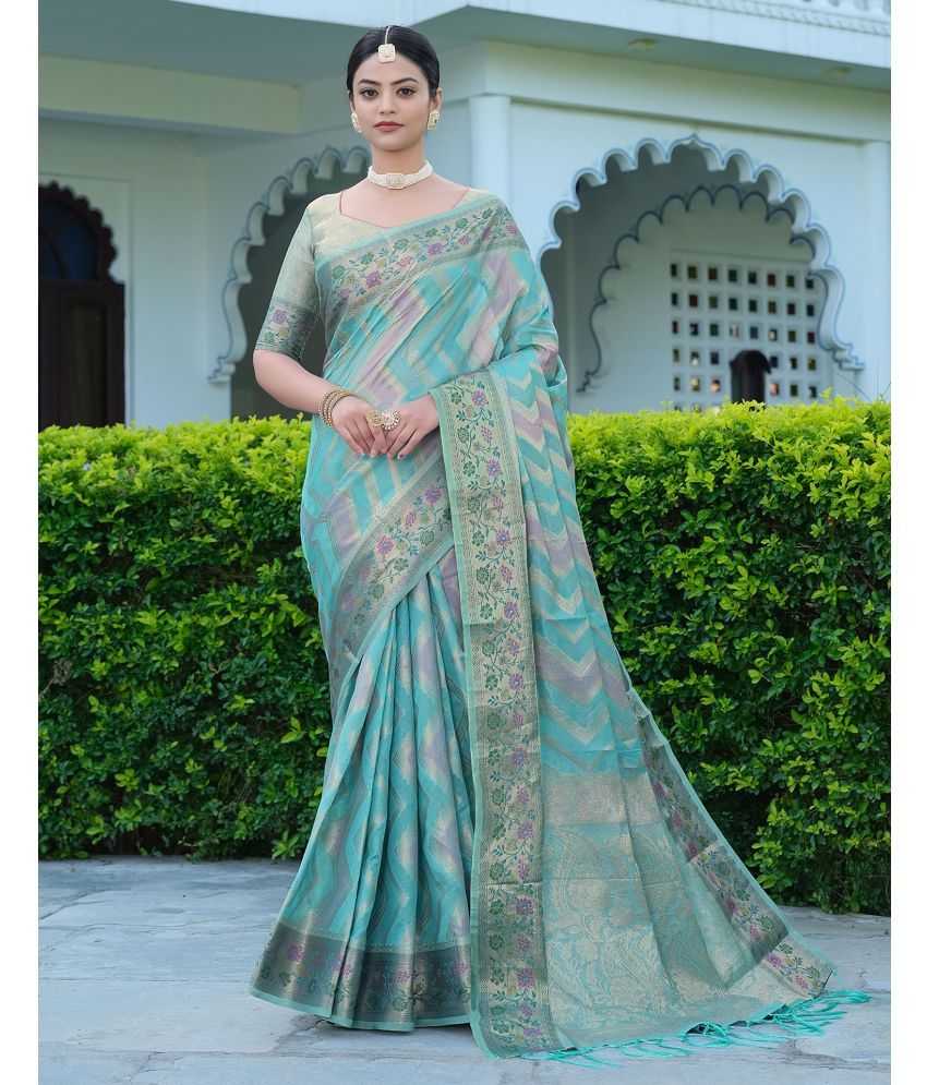     			Samah Organza Woven Saree With Blouse Piece - LightBLue ( Pack of 1 )