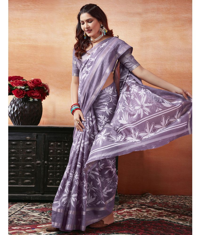     			Samah Silk Blend Printed Saree With Blouse Piece - Lavender ( Pack of 1 )