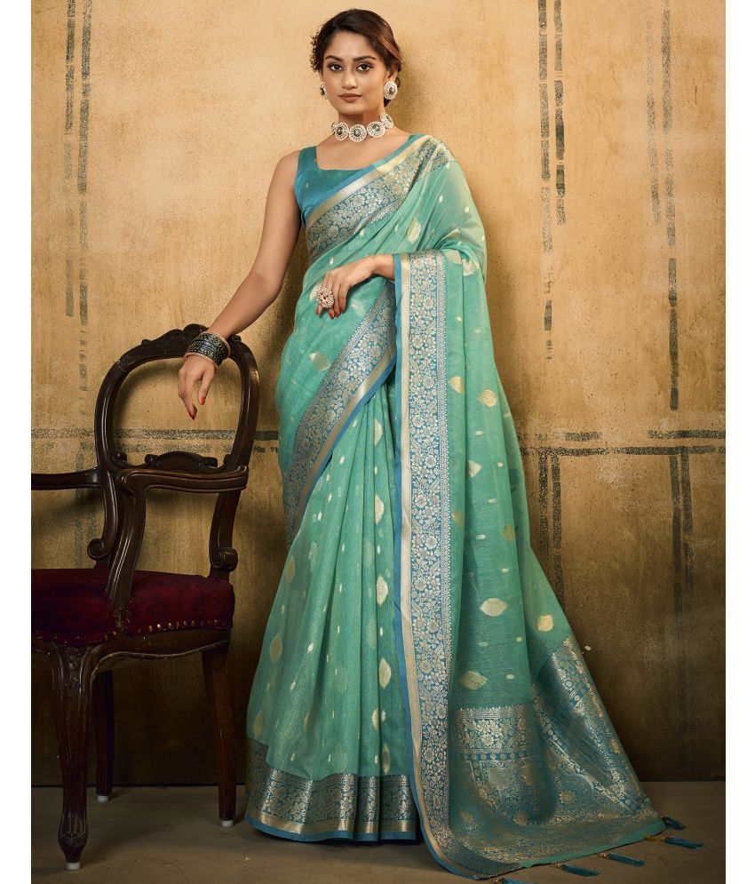     			Samah Silk Blend Woven Saree With Blouse Piece - Turquoise ( Pack of 1 )