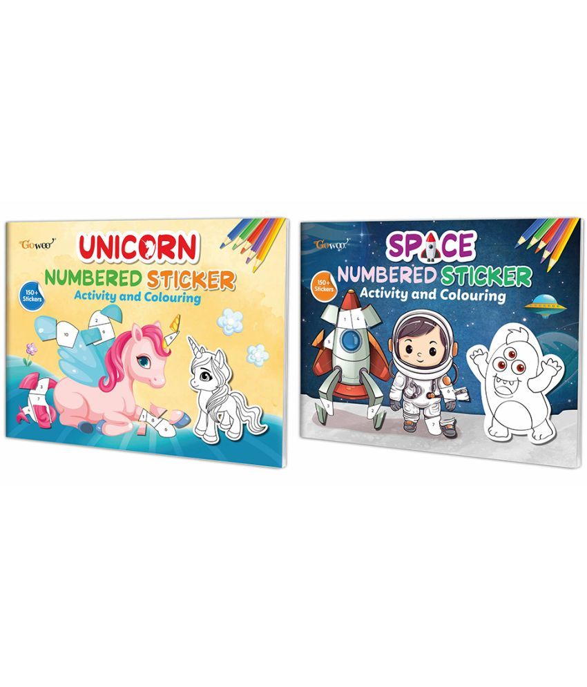     			Unicorn and Space Numbered Sticker Activity and Colouring books for age 3+ Kids : Educational activity book, Sticker play and color book for children with over 150+ stickers | Pack of 2 books