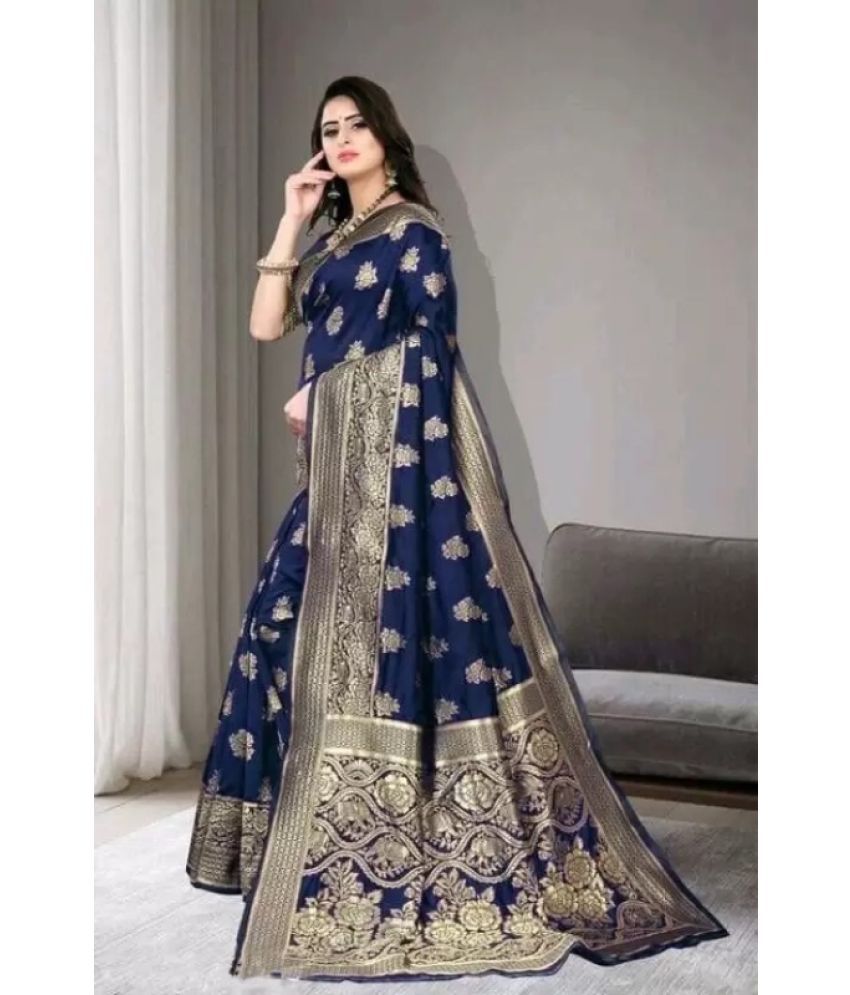     			Aadvika Banarasi Silk Printed Saree With Blouse Piece - Blue ( Pack of 1 )