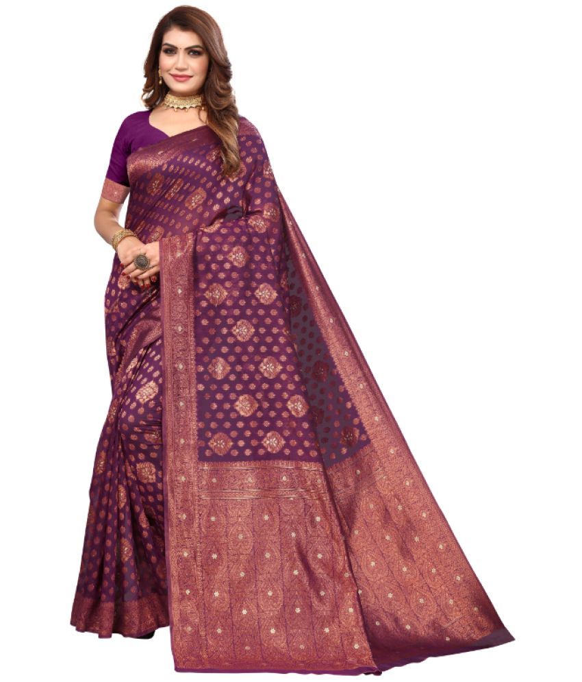     			Aadvika Banarasi Silk Printed Saree With Blouse Piece - Purple ( Pack of 1 )