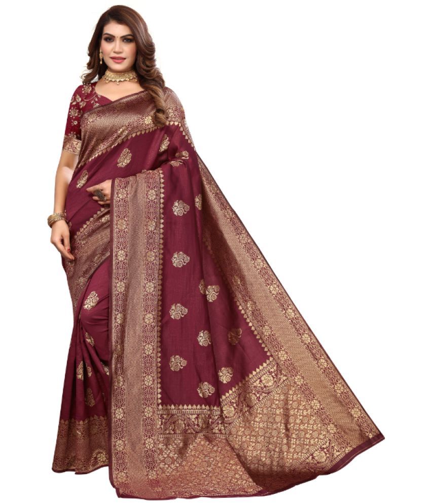     			Aadvika Banarasi Silk Printed Saree With Blouse Piece - Maroon ( Pack of 1 )