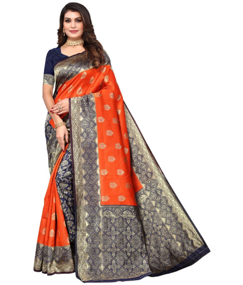     			Aadvika Banarasi Silk Printed Saree With Blouse Piece - Orange ( Pack of 1 )