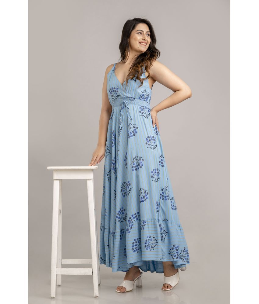     			Frionkandy Rayon Printed Ankle Length Women's Fit & Flare Dress - Light Blue ( Pack of 1 )