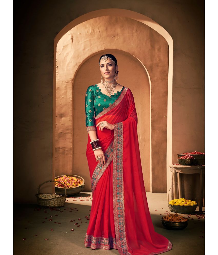     			Rekha Maniyar Fashions Georgette Solid Saree With Blouse Piece - Red ( Pack of 1 )