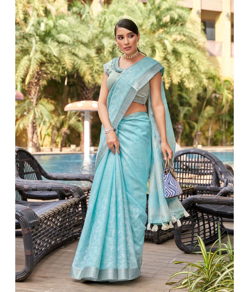     			Rekha Maniyar Fashions Linen Embroidered Saree With Blouse Piece - SkyBlue ( Pack of 1 )