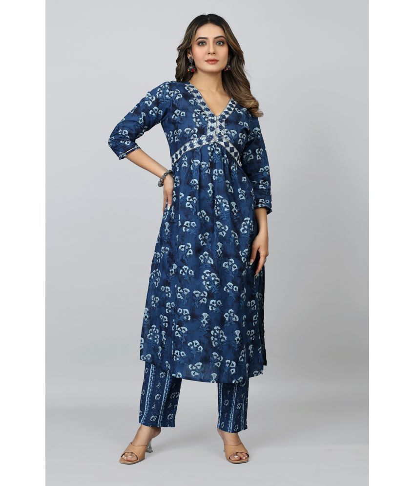     			SARRAS Cotton Printed Kurti With Pants Women's Stitched Salwar Suit - Blue ( Pack of 1 )