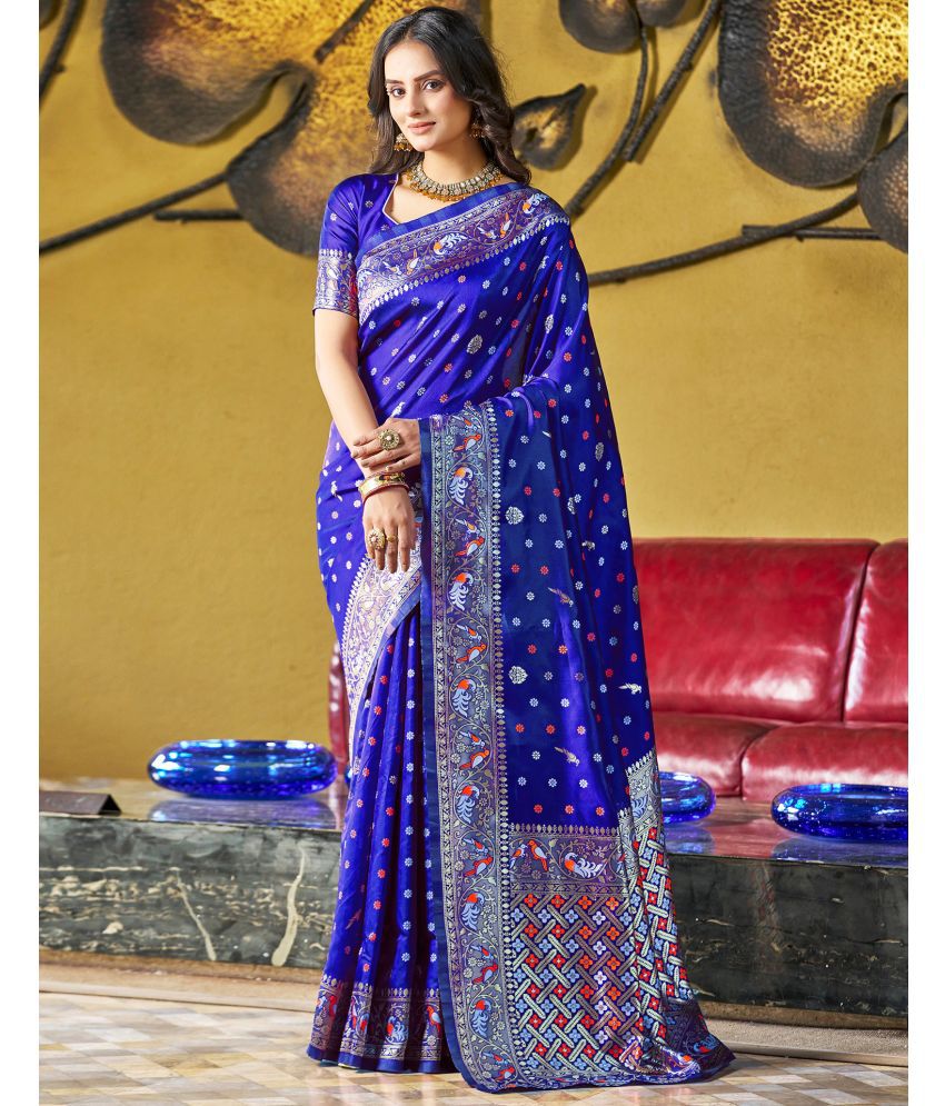     			Samah Art Silk Woven Saree With Blouse Piece - Blue ( Pack of 1 )