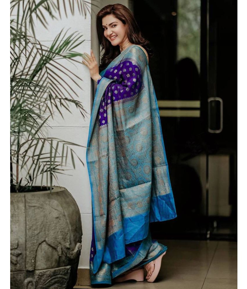     			Samah Art Silk Woven Saree With Blouse Piece - Blue ( Pack of 1 )