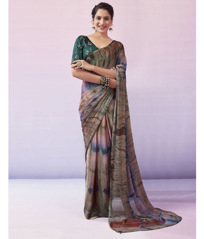     			Samah Chiffon Printed Saree With Blouse Piece - Olive ( Pack of 1 )