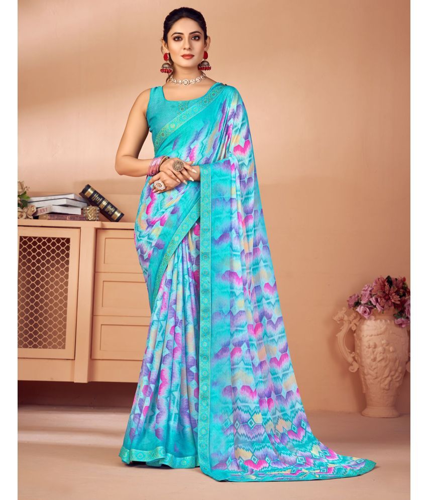     			Samah Chiffon Printed Saree With Blouse Piece - SkyBlue ( Pack of 1 )