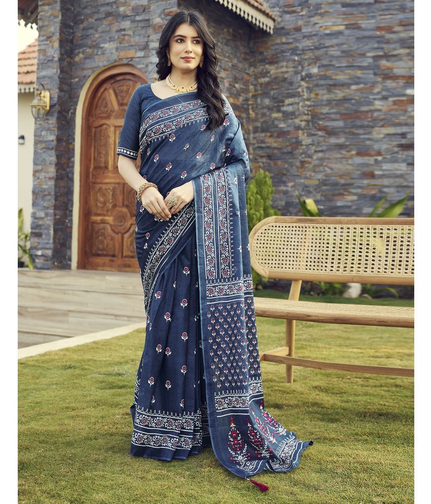     			Samah Cotton Printed Saree With Blouse Piece - Blue ( Pack of 1 )