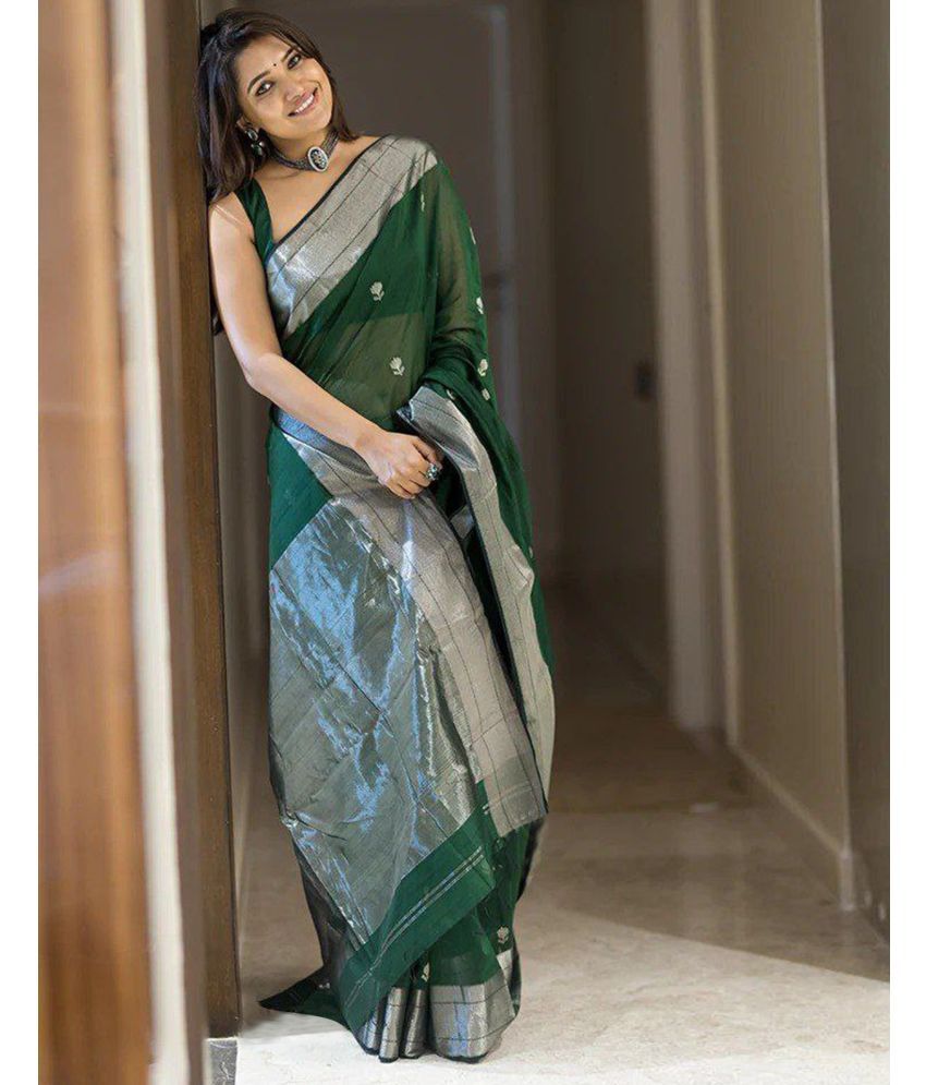     			Samah Cotton Silk Woven Saree With Blouse Piece - Green ( Pack of 1 )
