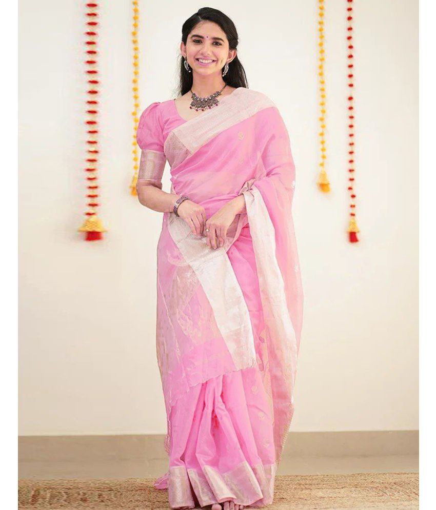     			Samah Cotton Silk Woven Saree With Blouse Piece - Pink ( Pack of 1 )