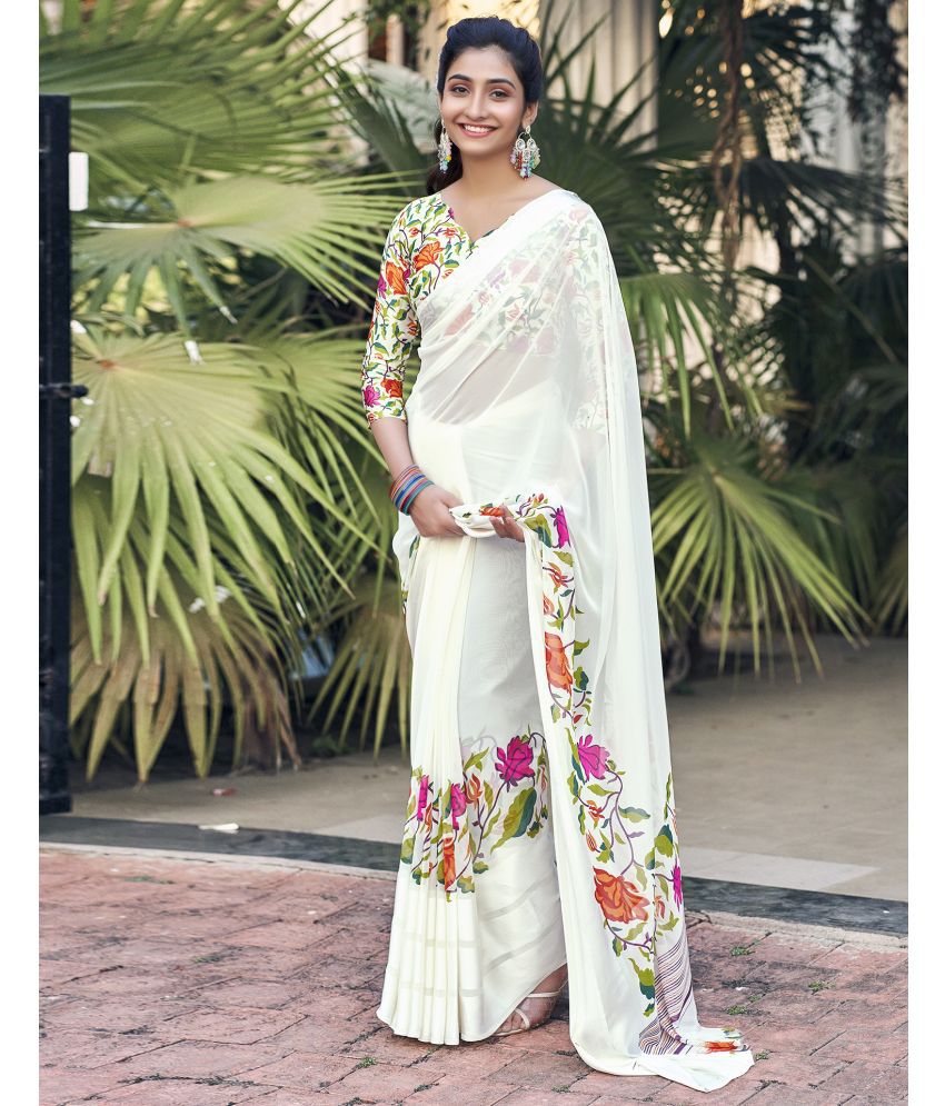     			Samah Georgette Printed Saree With Blouse Piece - Cream ( Pack of 1 )