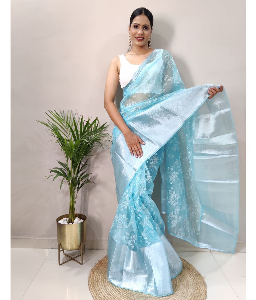     			Samah Organza Printed Saree With Blouse Piece - SkyBlue ( Pack of 1 )