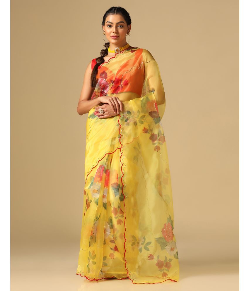     			Samah Organza Printed Saree With Blouse Piece - Yellow ( Pack of 1 )