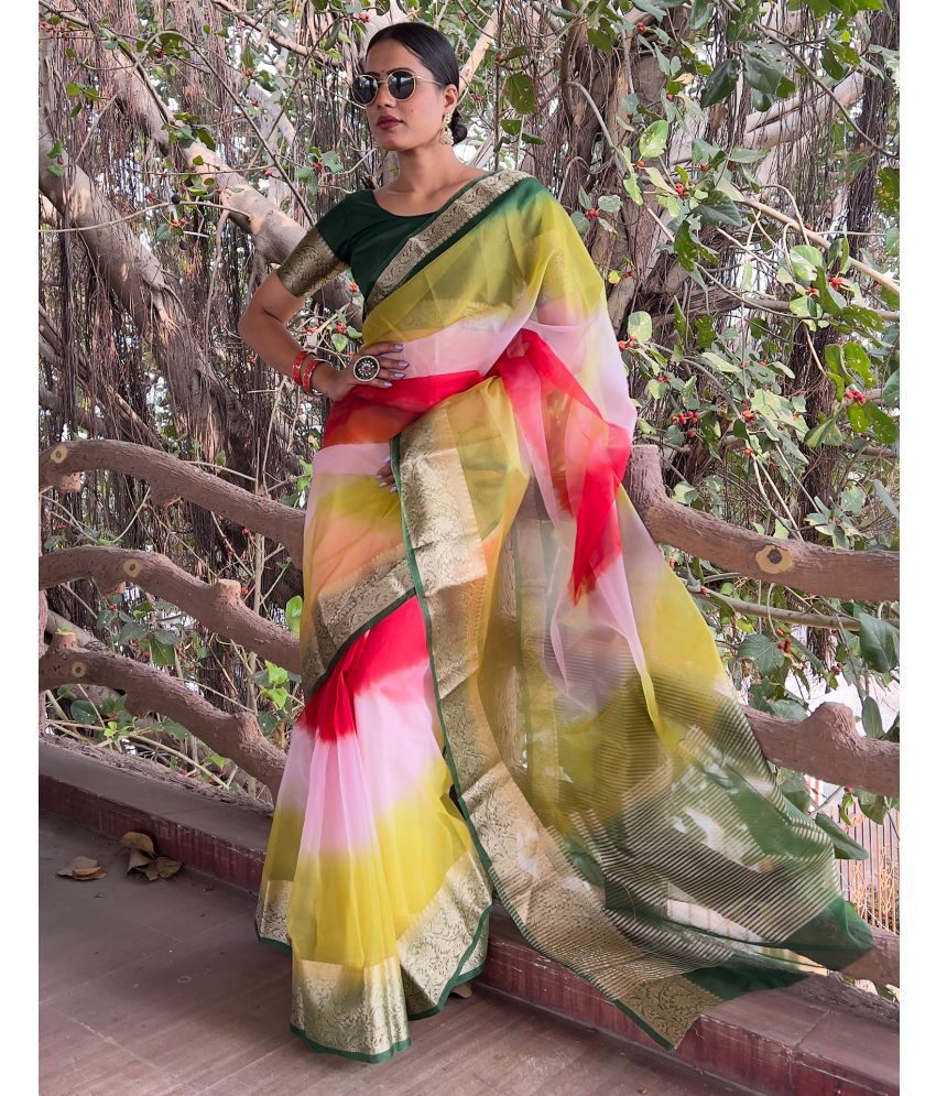     			Samah Organza Solid Saree With Blouse Piece - Multicolor ( Pack of 1 )