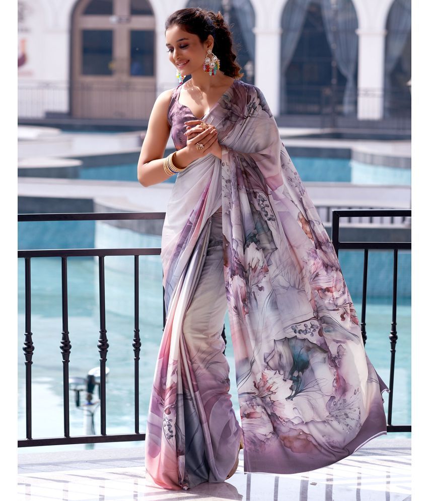     			Samah Satin Printed Saree With Blouse Piece - Mauve ( Pack of 1 )