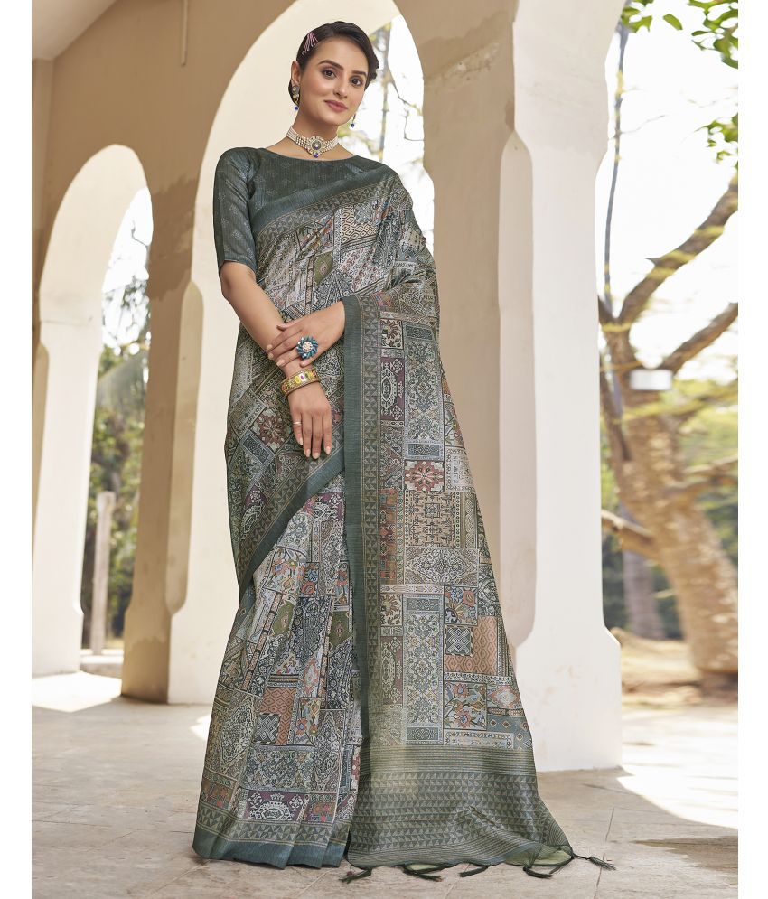     			Samah Silk Printed Saree With Blouse Piece - Grey ( Pack of 1 )