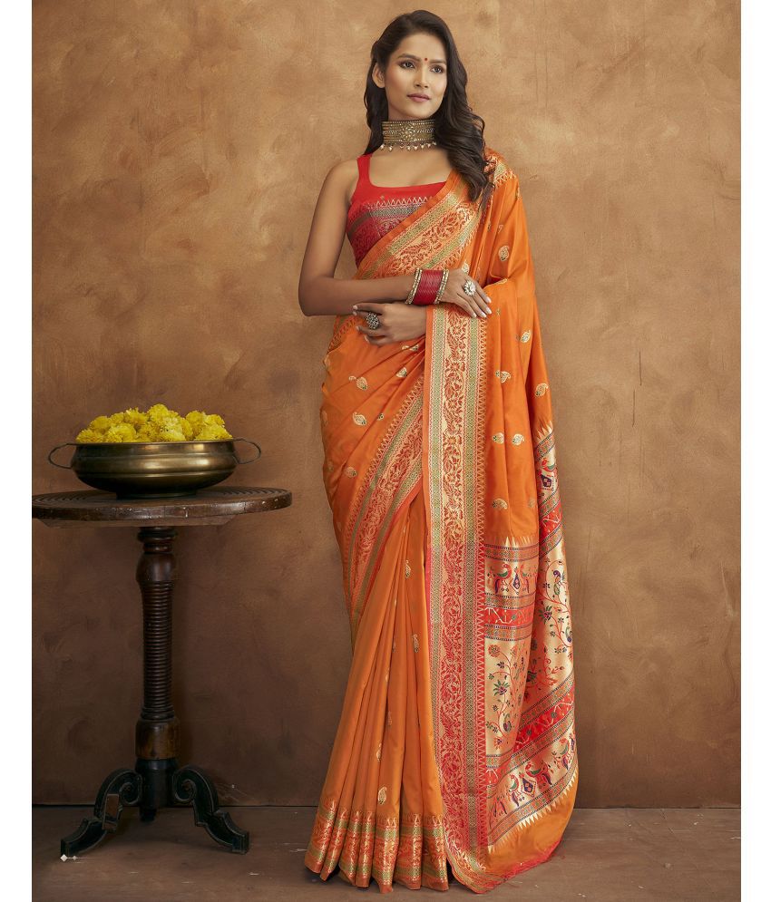     			Samah Silk Woven Saree With Blouse Piece - Orange ( Pack of 1 )