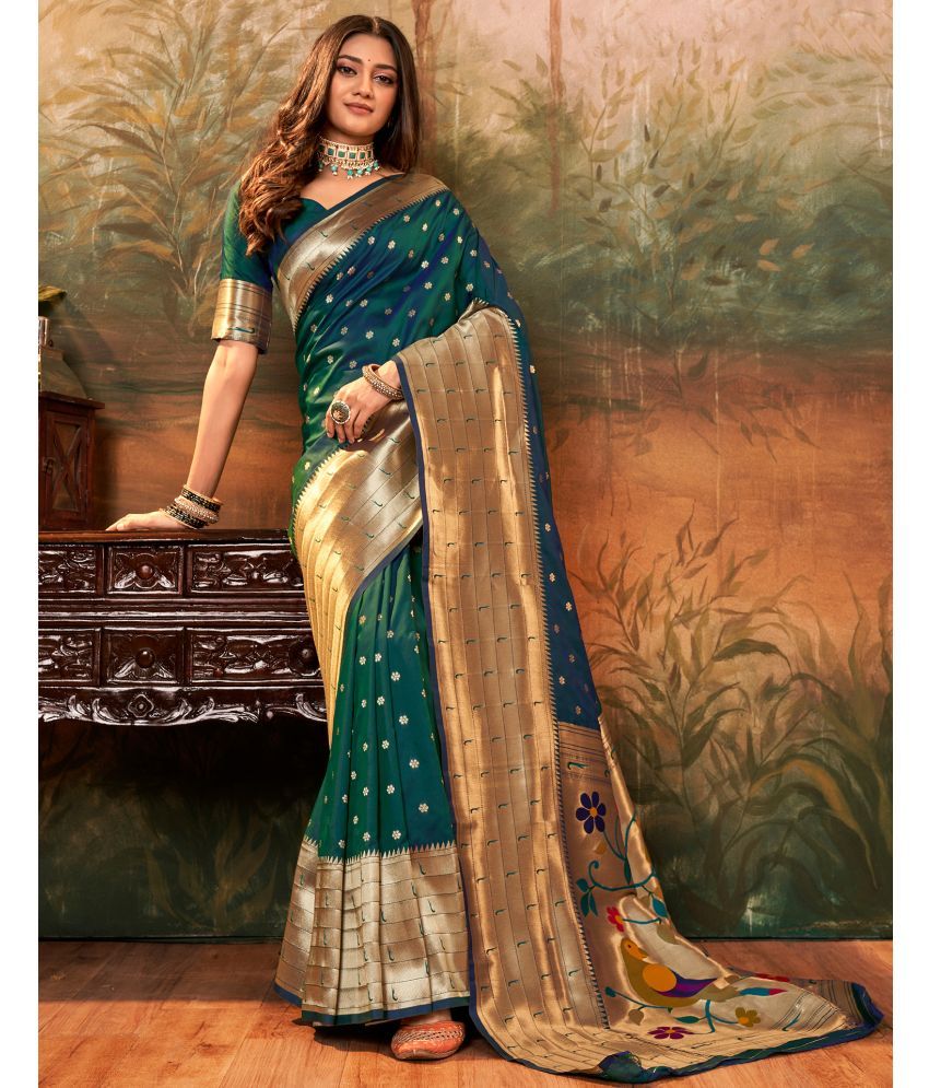     			Samah Silk Woven Saree With Blouse Piece - Teal ( Pack of 1 )