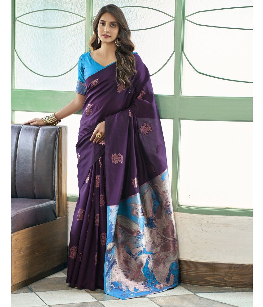     			Samah Silk Woven Saree With Blouse Piece - Purple ( Pack of 1 )