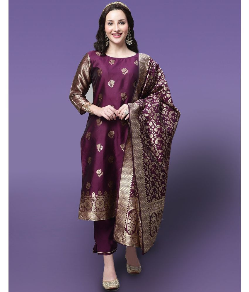    			kedar fab Banarasi Self Design Kurti With Pants Women's Stitched Salwar Suit - Purple ( Pack of 1 )