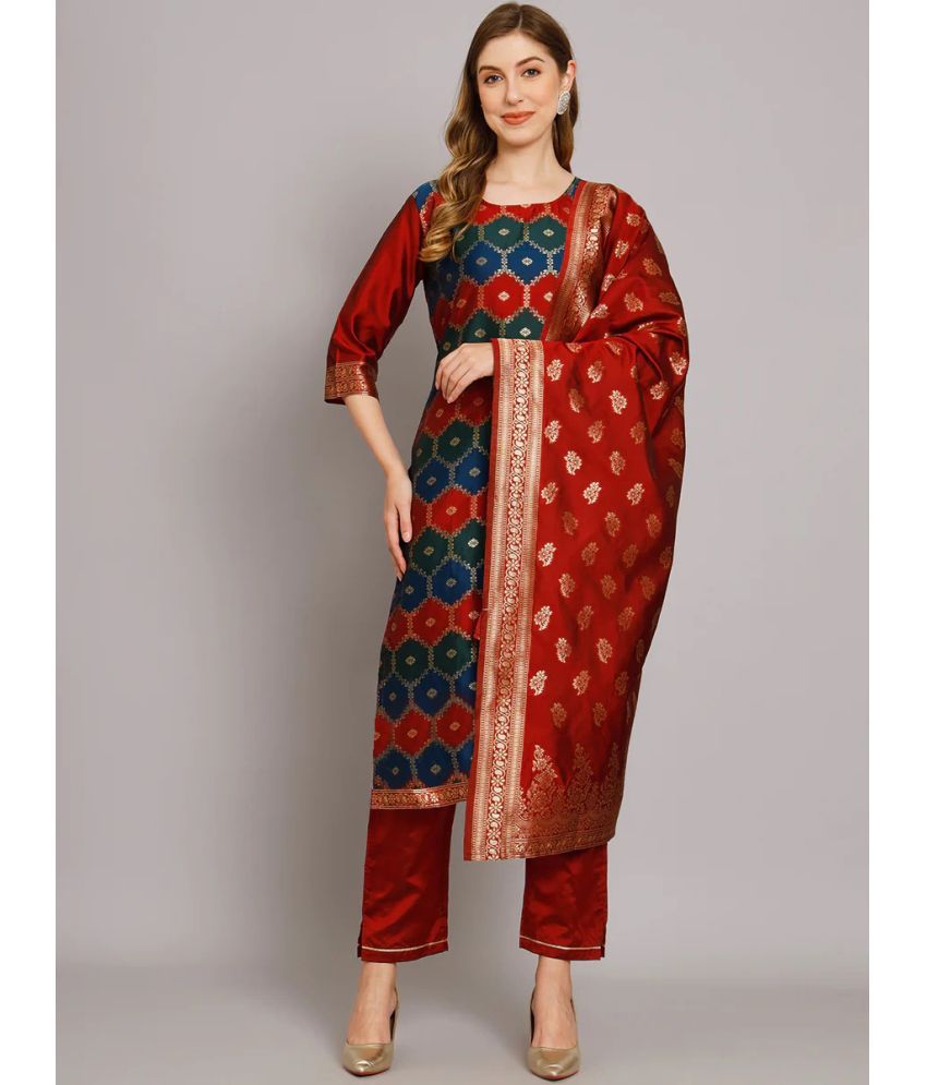     			kedar fab Banarasi Self Design Ethnic Top With Pants Women's Stitched Salwar Suit - Red ( Pack of 1 )
