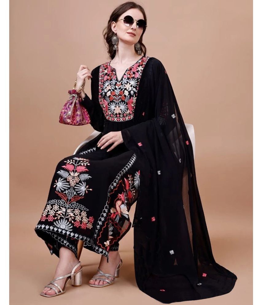     			kedar fab Georgette Embroidered Kurti With Pants Women's Stitched Salwar Suit - Black ( Pack of 1 )