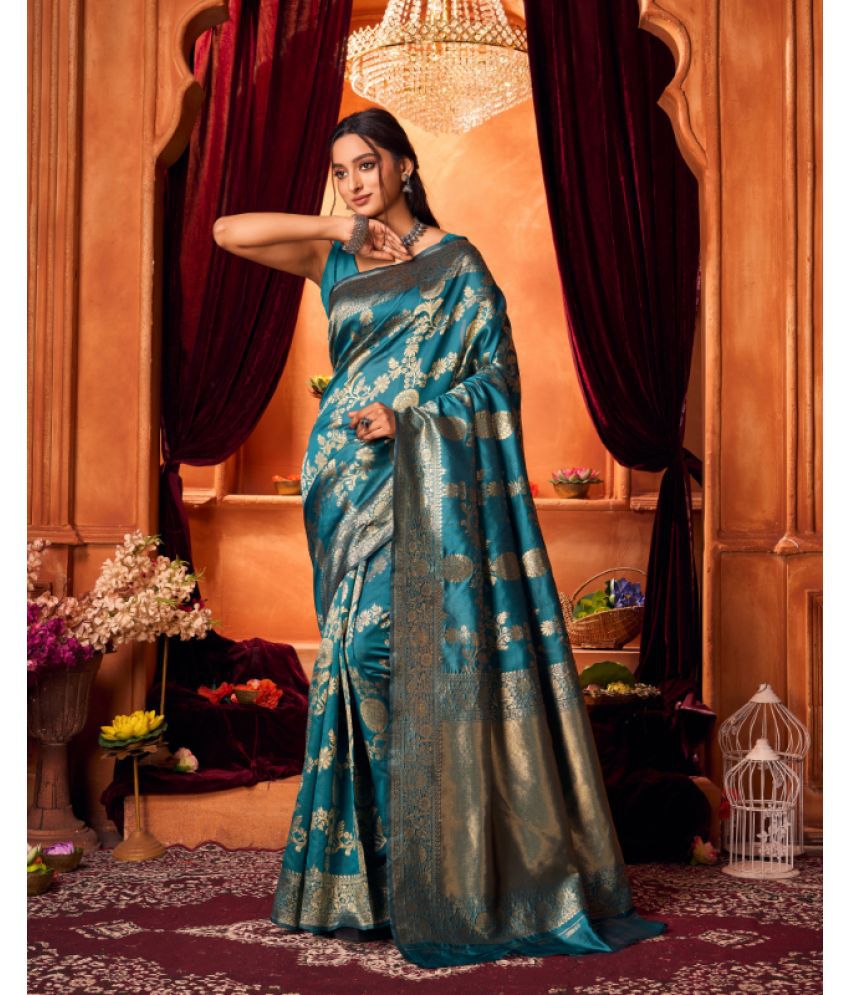     			Aadvika Banarasi Silk Printed Saree With Blouse Piece - Blue ( Pack of 1 )