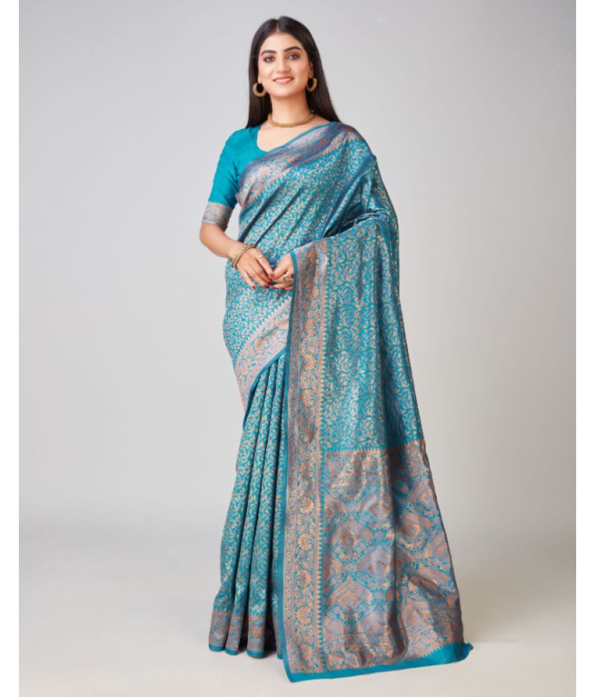     			Aadvika Banarasi Silk Printed Saree With Blouse Piece - Blue ( Pack of 1 )