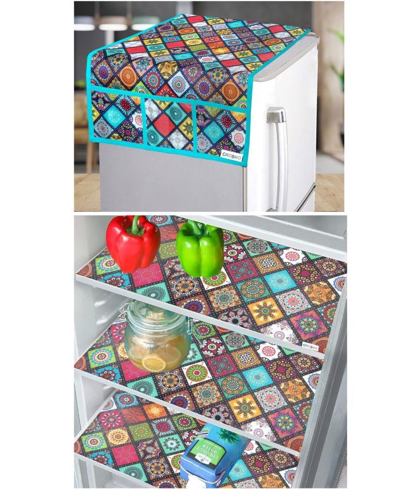     			Crosmo Polyester Ethnic Fridge Mat & Cover ( 64 18 ) Pack of 4 - Green