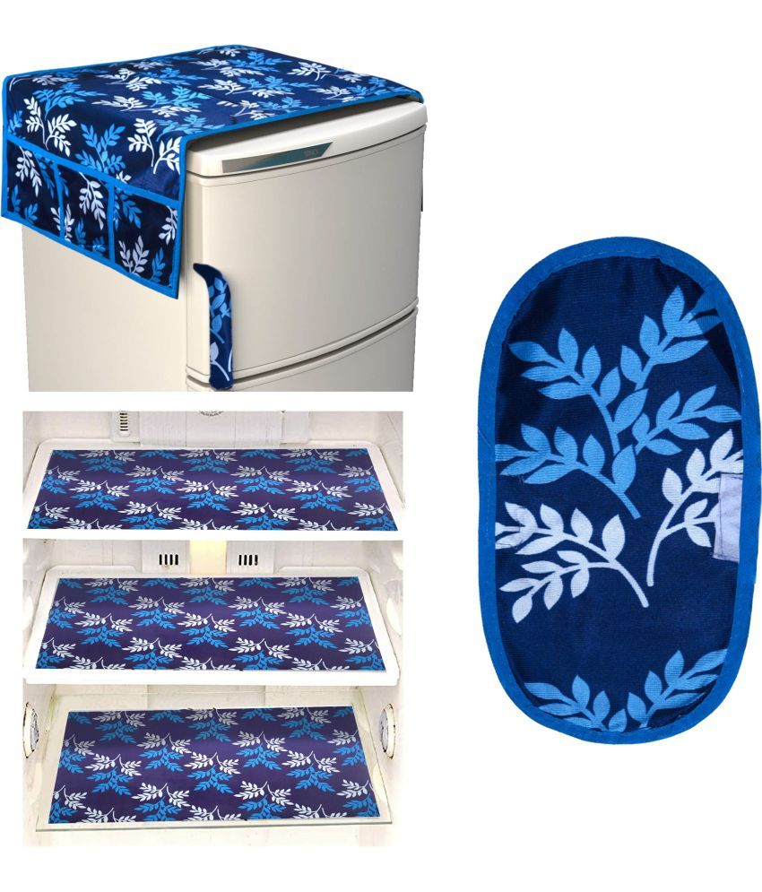     			Crosmo Polyester Floral Printed Fridge Mat & Cover ( 64 18 ) Pack of 5 - Blue