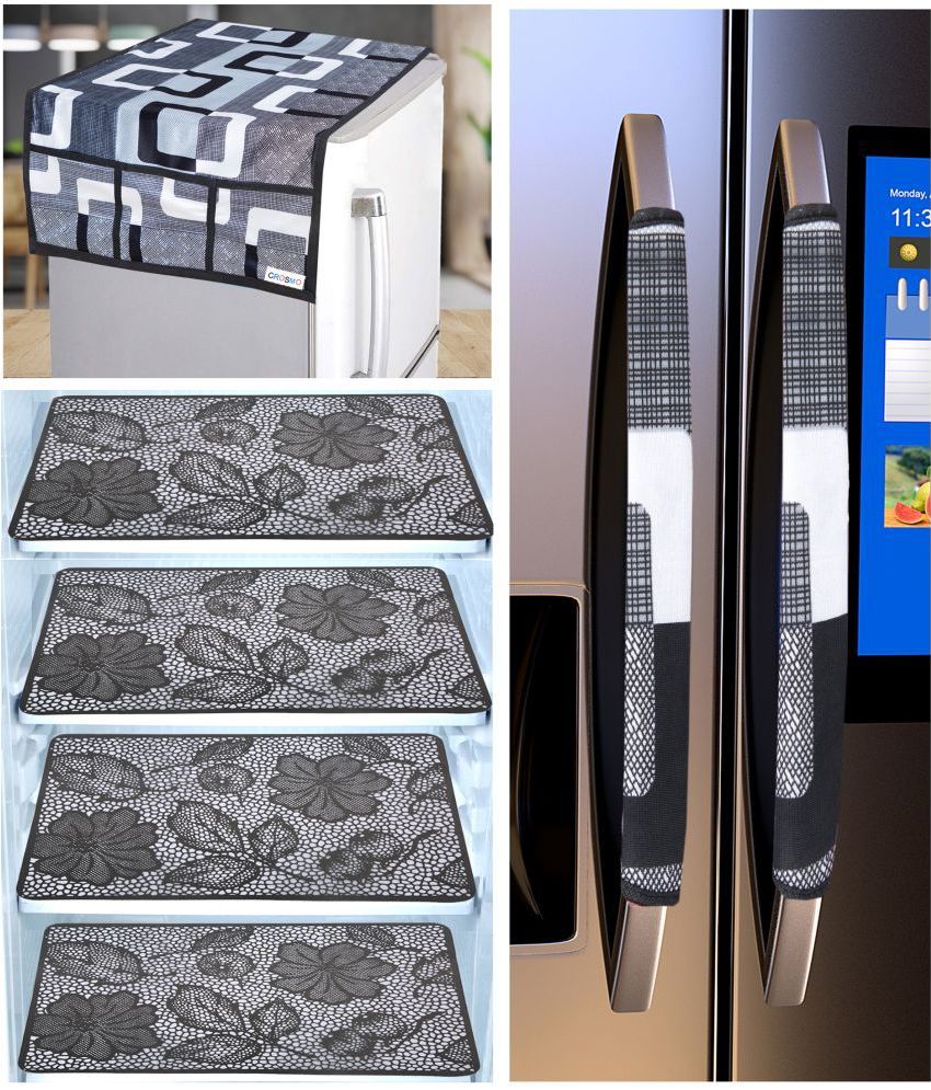    			Crosmo Polyester Floral Printed Fridge Mat & Cover ( 64 18 ) Pack of 7 - Black