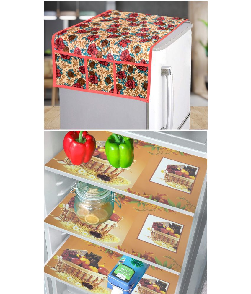     			Crosmo Polyester Floral Printed Fridge Mat & Cover ( 64 18 ) Pack of 4 - Multicolor