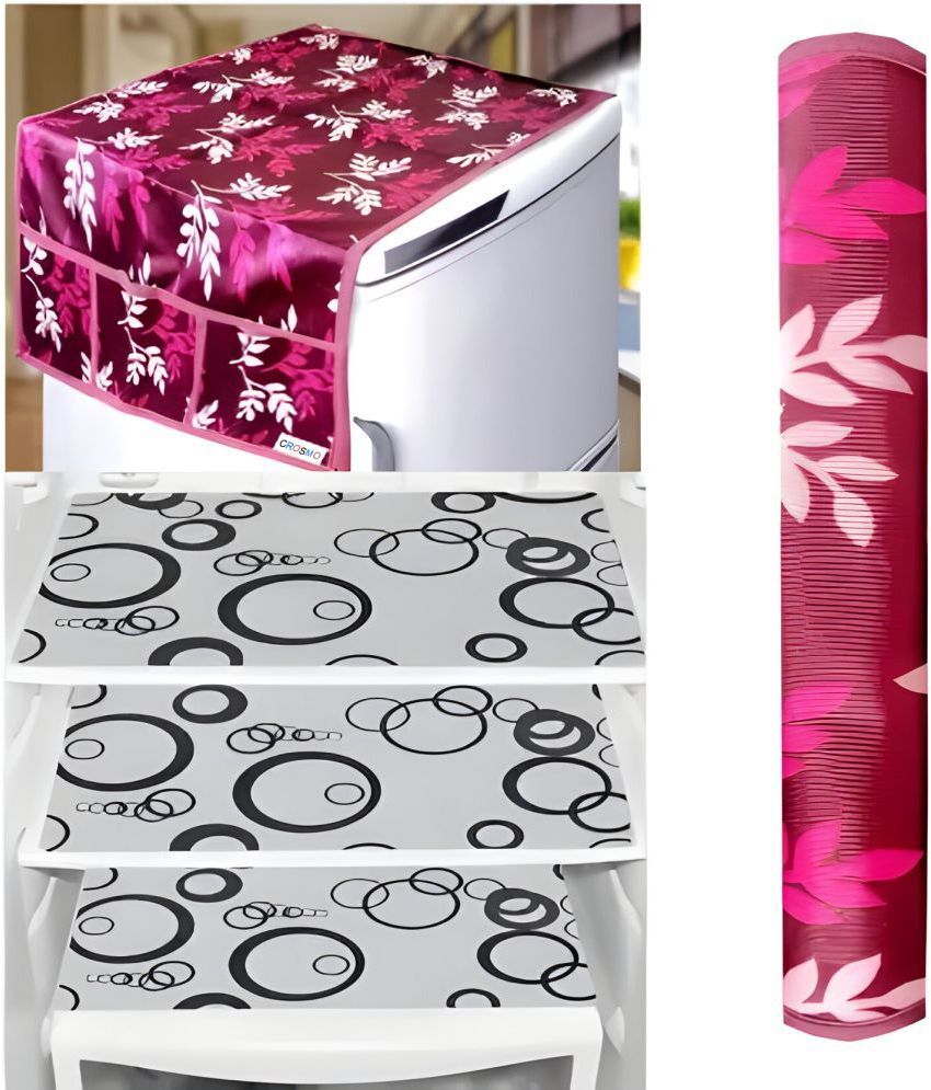     			Crosmo Polyester Floral Printed Fridge Mat & Cover ( 64 18 ) Pack of 5 - Pink
