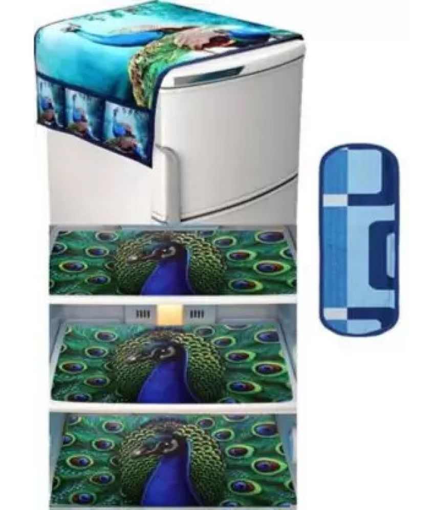     			Crosmo Polyester Floral Printed Fridge Mat & Cover ( 64 18 ) Pack of 5 - Blue