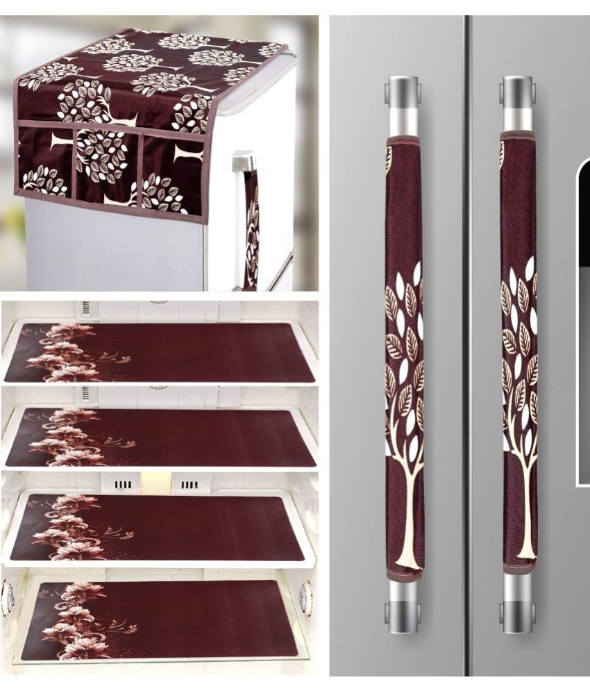     			Crosmo Polyester Floral Printed Fridge Mat & Cover ( 64 18 ) Pack of 7 - Brown