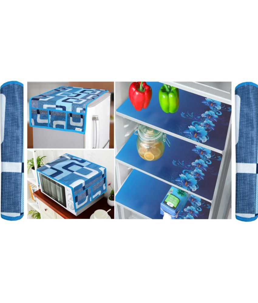     			Crosmo Polyester Floral Printed Fridge Mat & Cover ( 64 18 ) Pack of 7 - Blue