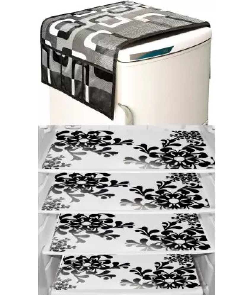     			Crosmo Polyester Geometric Fridge Mat & Cover ( 64 18 ) Pack of 5 - Black