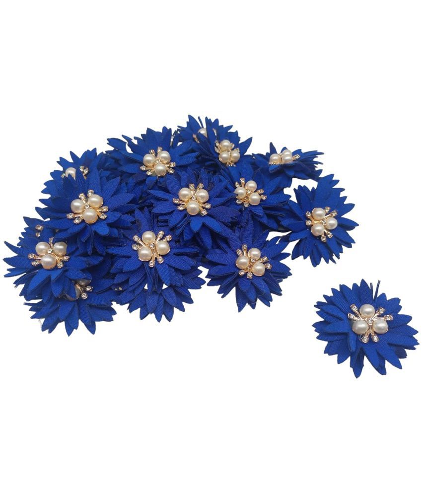     			PRANSUNITA Stone & Beads Studded Stem Less Fabric Flowers for Broches, Dresses, Fancy Gift Packaging, Valentine, Radha Krishna & Baby Shower, Handmade-Size- 5 cm - Pack of 6 pcs Color- (Blue)