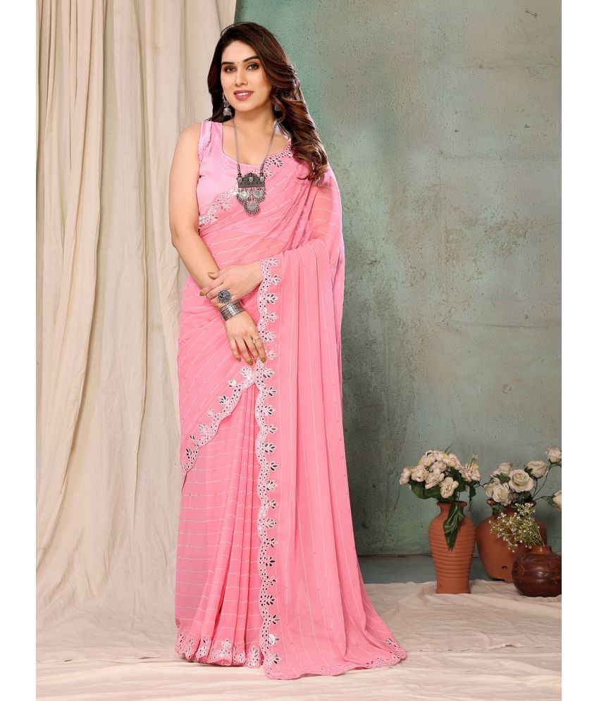     			BLEESBURY GEORGETTE Striped Saree With Blouse Piece - Pink ( Pack of 1 )