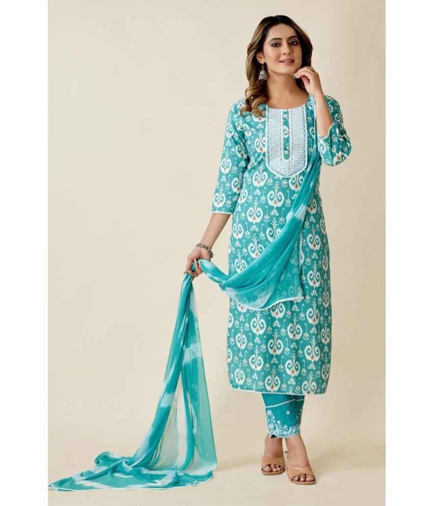     			SARRAS Cotton Printed Kurti With Pants Women's Stitched Salwar Suit - Sea Green ( Pack of 1 )