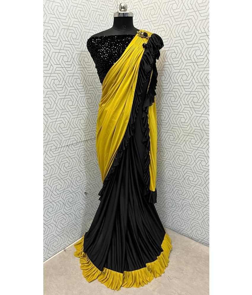     			Aika Lycra Embellished Saree With Blouse Piece - Yellow ( Pack of 1 )