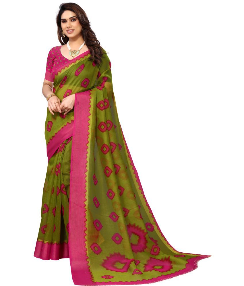     			HEMA SILK MILLS Cotton Blend Printed Saree With Blouse Piece - Olive ( Pack of 1 )