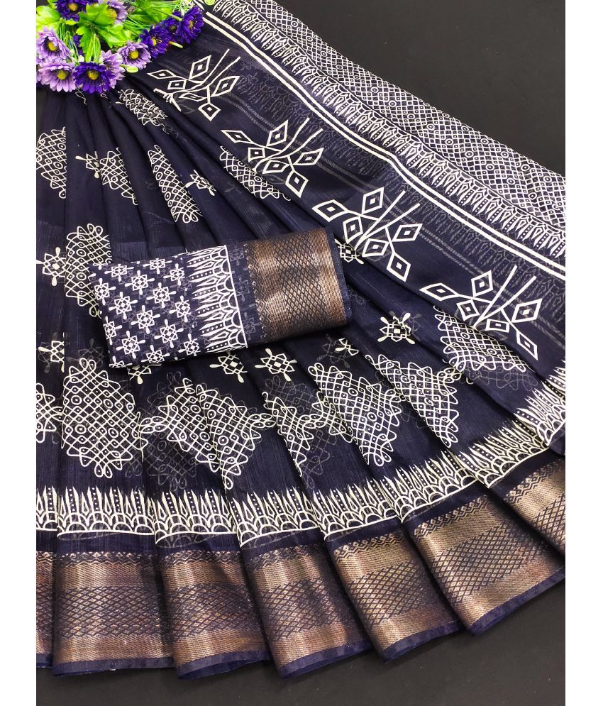     			HEMA SILK MILLS Cotton Blend Printed Saree With Blouse Piece - Navy Blue ( Pack of 1 )